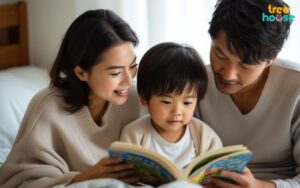 Ba mẹ đọc sách cho trẻ, trẻ lắng nghe chăm chú và nhìn vào sách.