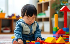 Trẻ em tham gia hoạt động nhóm xây dựng mô hình từ khối gỗ, thể hiện sự hợp tác và vui vẻ.